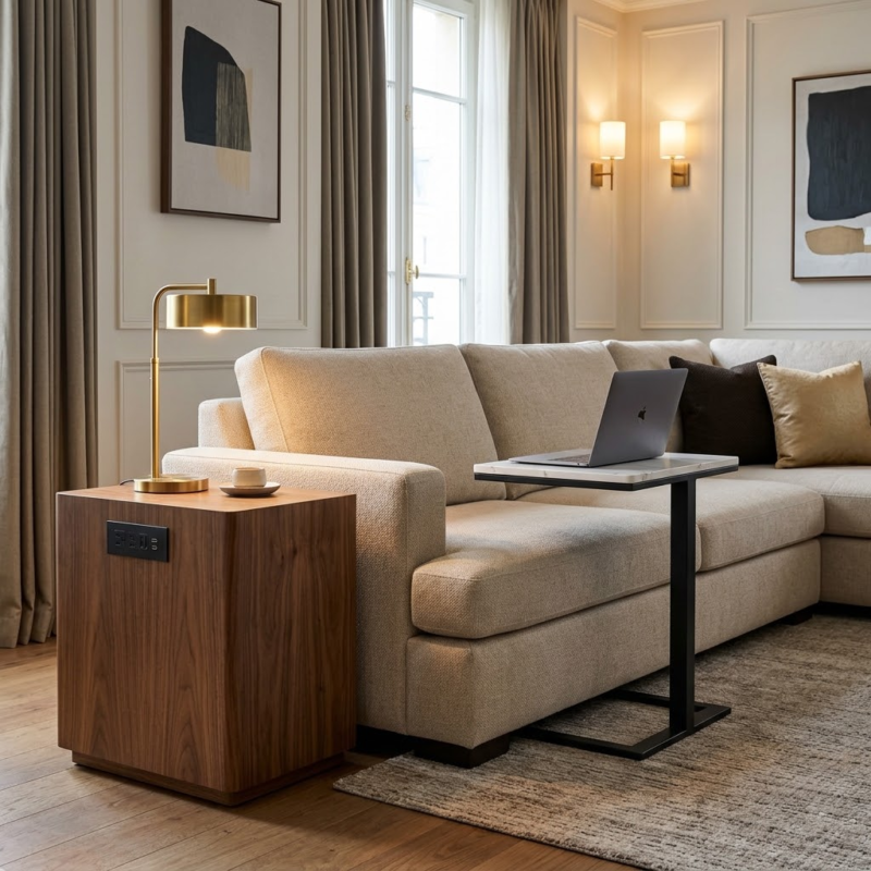 A luxury hotel lounge featuring a custom walnut hotel end table with an integrated USB-C power hub and a sintered stone cantilever C-table tucked under the sofa.