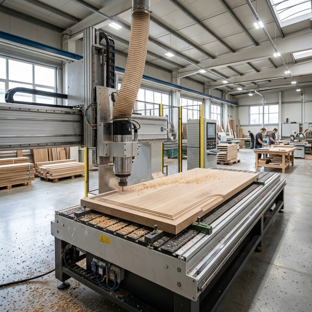 MMK Furniture Makers factory floor showing automated CNC routing on kiln-dried solid white oak for custom wood dining tables.