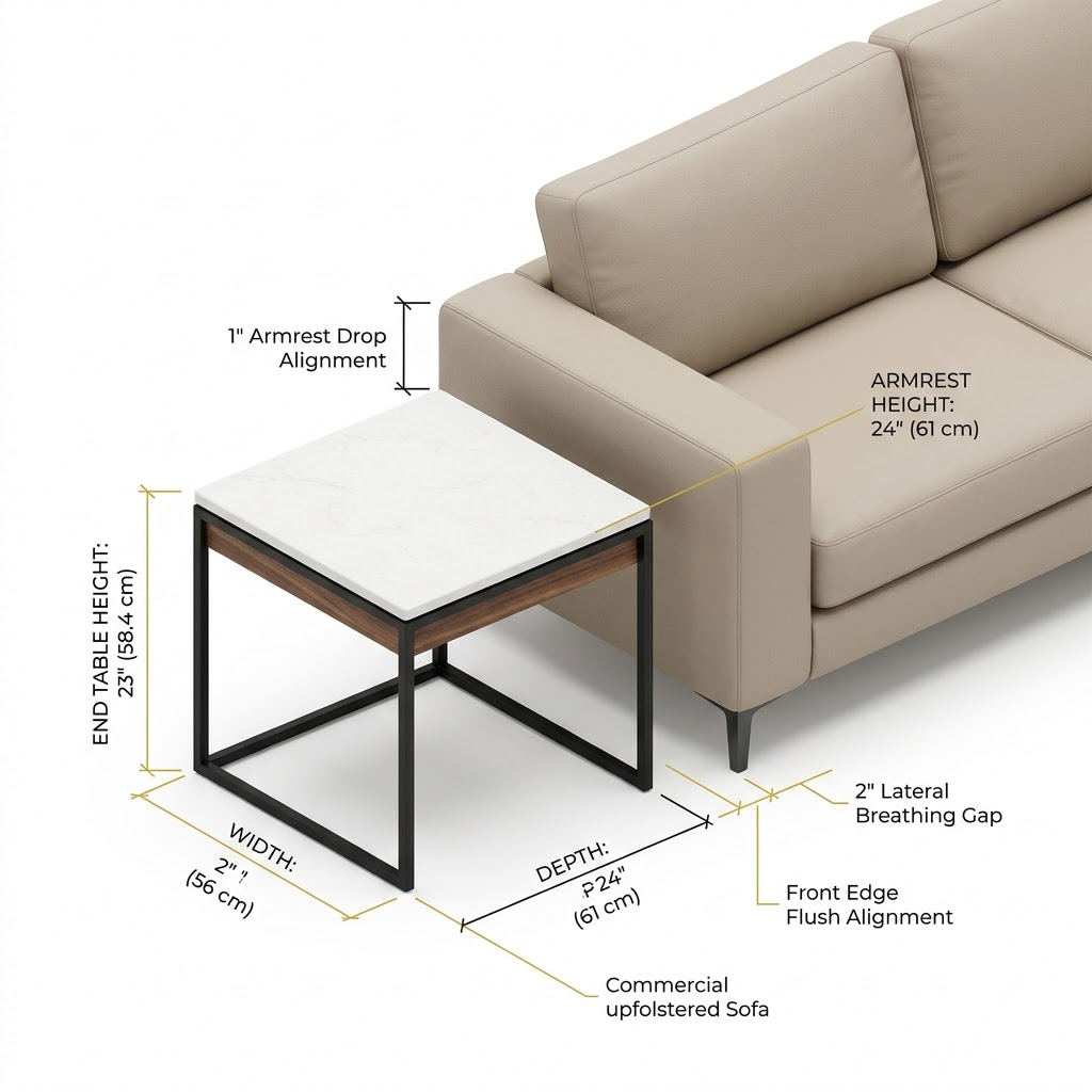 3D architectural diagram showing a 23-inch high walnut end table aligned within 1 inch of a 24-inch commercial sofa armrest, with depth flush to the seat edge.