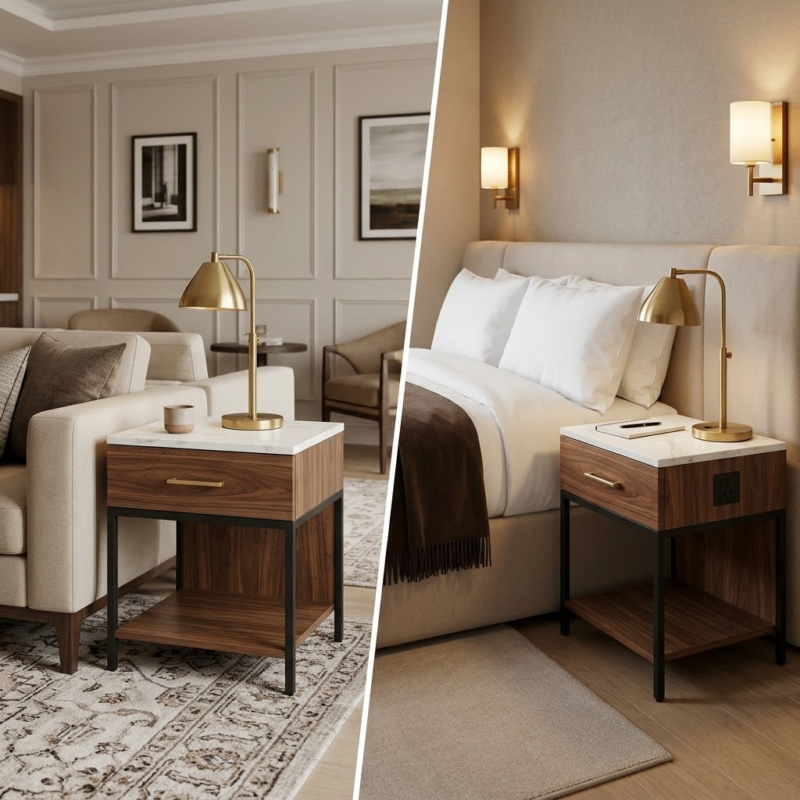 Split-view comparison of an identical 24-inch walnut and sintered stone drawer cabinet functioning as a living room end table next to a sofa and as a bedroom nightstand next to a platform bed.