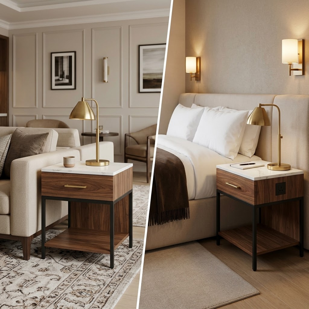 Split-view comparison of an identical 24-inch walnut and sintered stone drawer cabinet functioning as a living room end table next to a sofa and as a bedroom nightstand next to a platform bed.