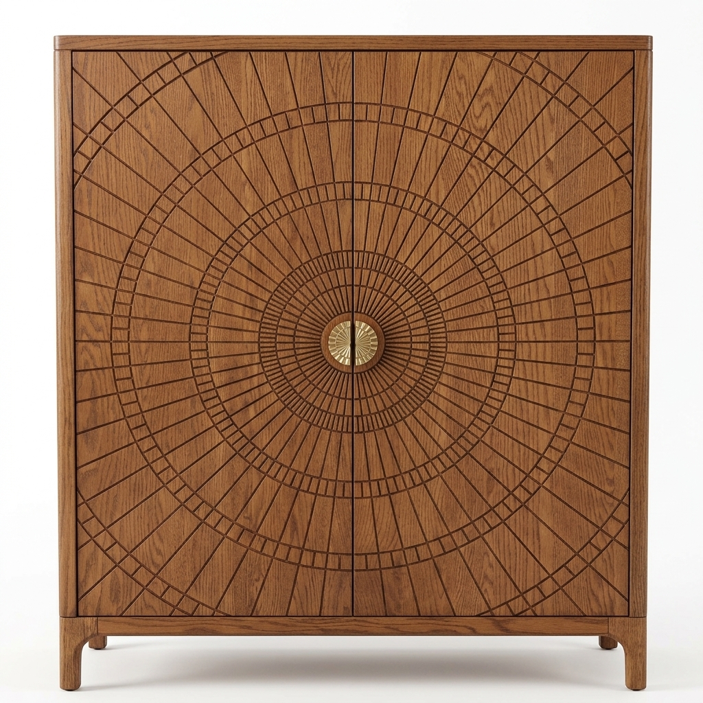 01 mmk-heftbr-8011-sunburst-carved-wood-wine-cabinet-hero Mid-Century Modern Sunburst Solid Oak Wine Cabinet - Image 1
