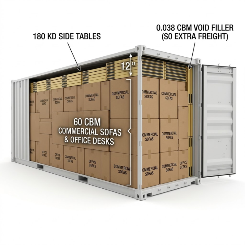 3D logistics cutaway of a 40HQ shipping container showing 4.5-inch flat-pack wholesale side table cartons slotted into the top ceiling gap above sofa and office desk cartons.