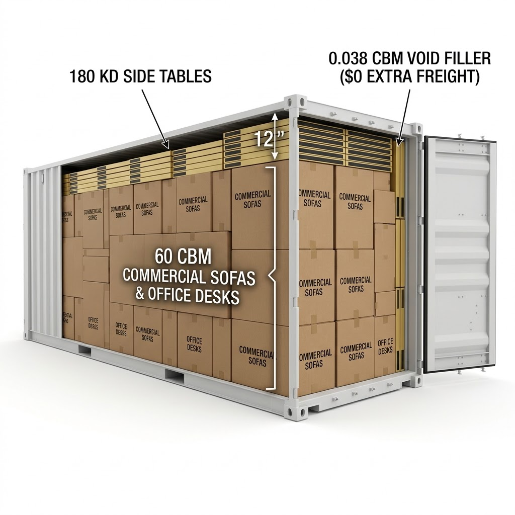 3D logistics cutaway of a 40HQ shipping container showing 4.5-inch flat-pack wholesale side table cartons slotted into the top ceiling gap above sofa and office desk cartons.