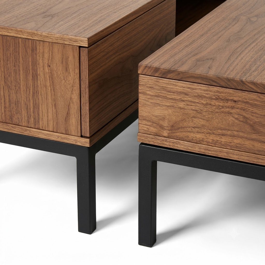 Close up of wood grain veneer and black powder-coated metal legs matching perfectly across a TV stand and a coffee table.