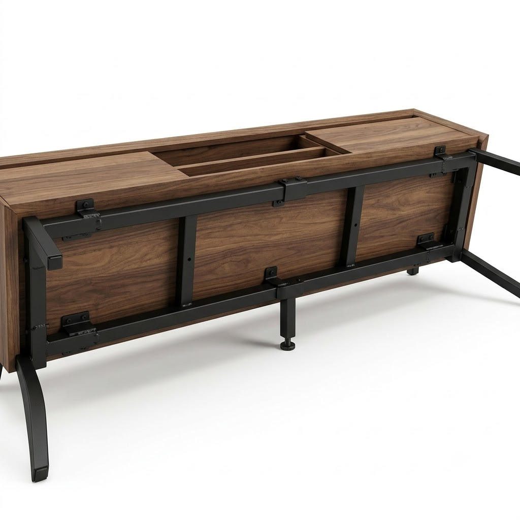 A technical 3D render showing the underside of an extra-long TV stand, highlighting a heavy-gauge steel sub-frame and a concealed central 5th leg.
