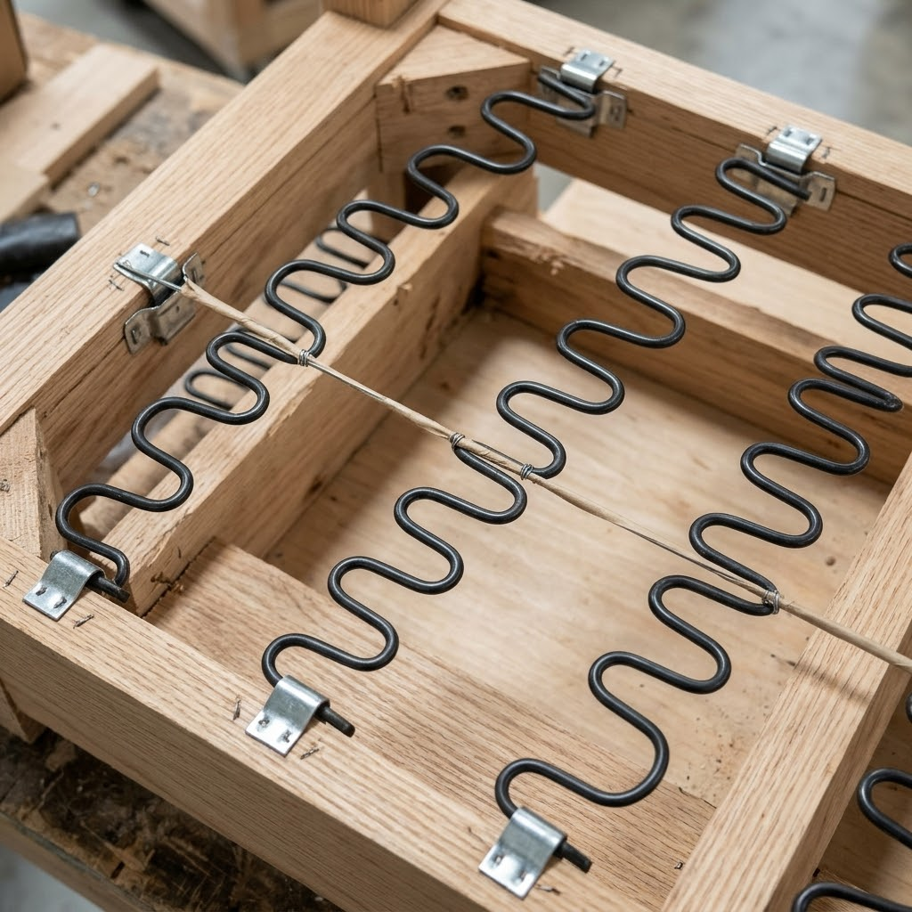 Close-up view of heavy-duty 8-gauge sinuous steel springs secured with lateral tie-wires inside a wholesale commercial couch.