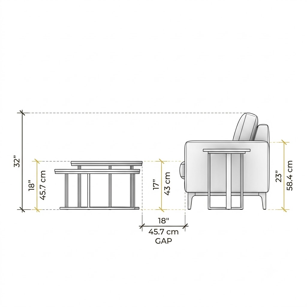 Side profile engineering diagram comparing an 18-inch sofa seat height with a 17-inch coffee table height and a 23-inch end table armrest alignment.