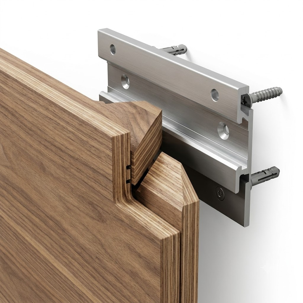 A technical close-up showing a heavy-duty aluminum French Cleat system used to securely mount a commercial floating TV stand to a metal-stud drywall.