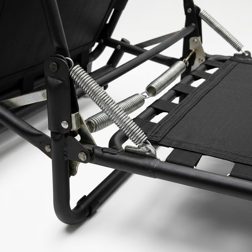 A technical close-up of a heavy-duty tubular steel tri-fold sleeper sofa mechanism showing industrial springs and polypropylene decking.