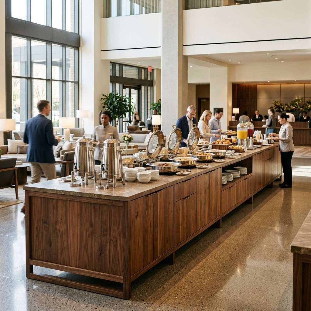 Long row of modern wood buffet cabinets and credenzas set up for a hotel morning breakfast service.