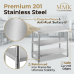 Heavy-Duty 3-Tier Commercial Stainless Steel Prep Table with Double Undershelves - Image 2