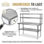 Compact Commercial Stainless Steel Prep Table with Double-Tier Overshelf - Image 3