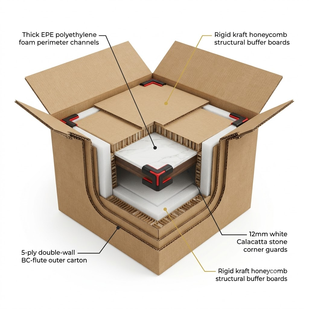 Cutaway diagram of an ISTA 3A e-commerce shipping carton showing high-density EPE polyethylene foam, honeycomb board, and corner protectors around a coffee table top.
