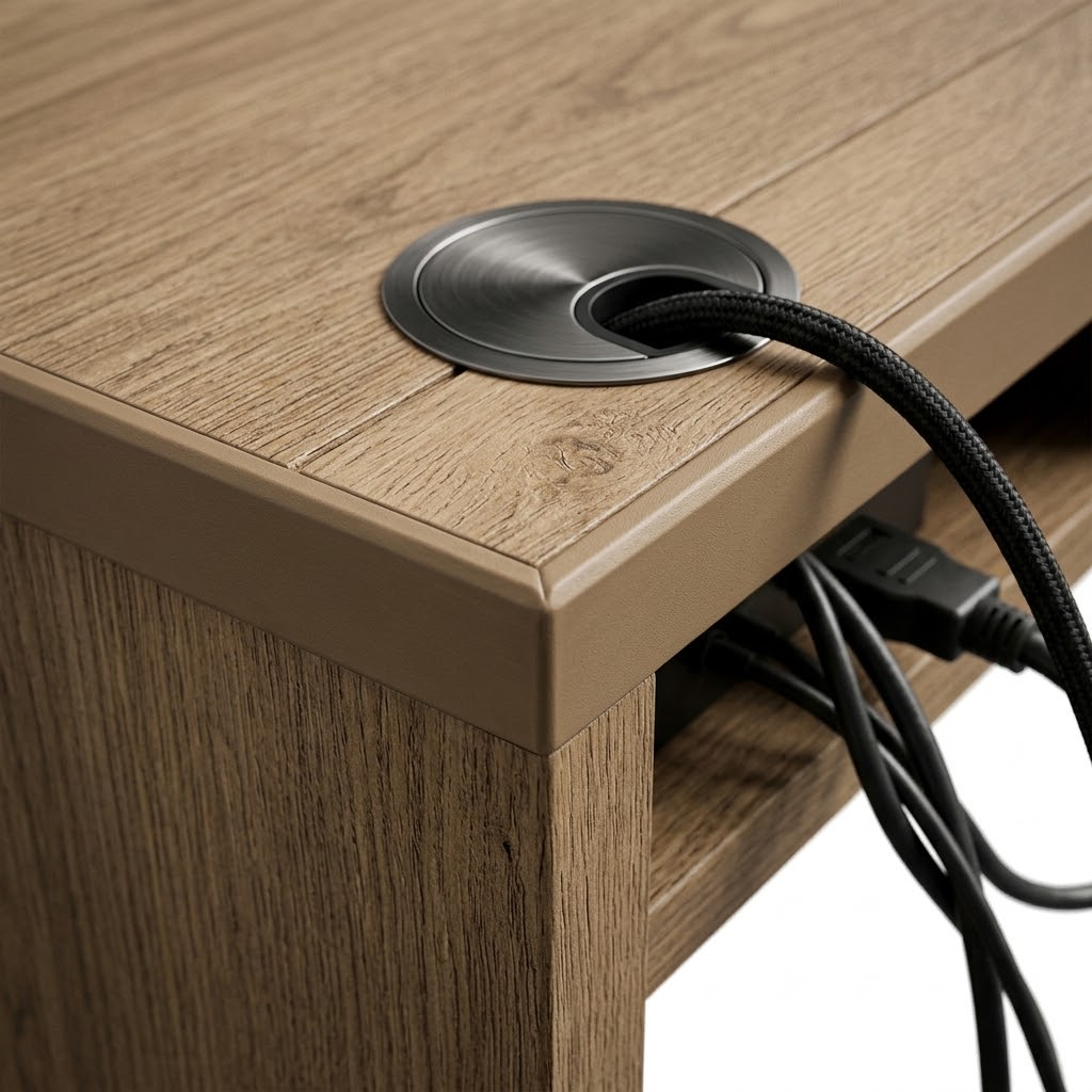 Close-up of a commercial media console showing an integrated AV wire chase, power grommet, and 3mm impact-resistant ABS edge banding.