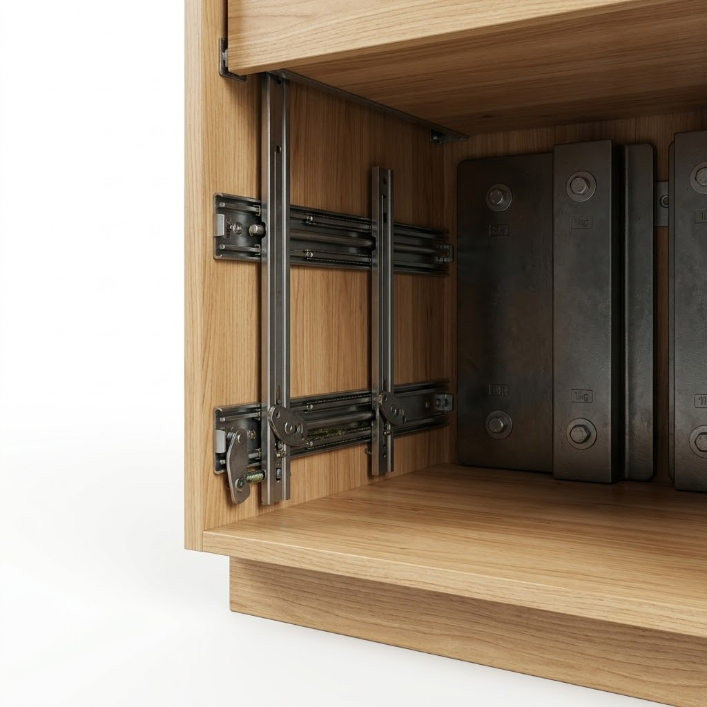 A close-up 3D render showing an interlocking drawer glide system and heavy steel counterweights in the back of a wholesale storage cabinet.