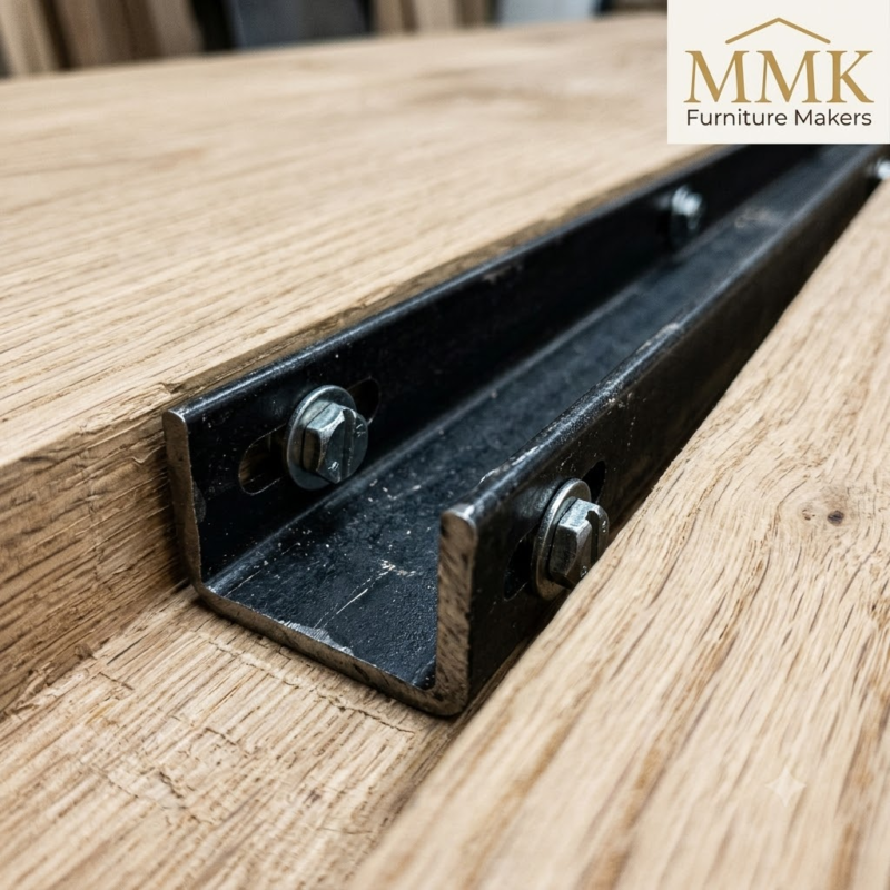 Close up of the underside of a custom solid wood TV stand showing steel anti-warp C-channel inserts.