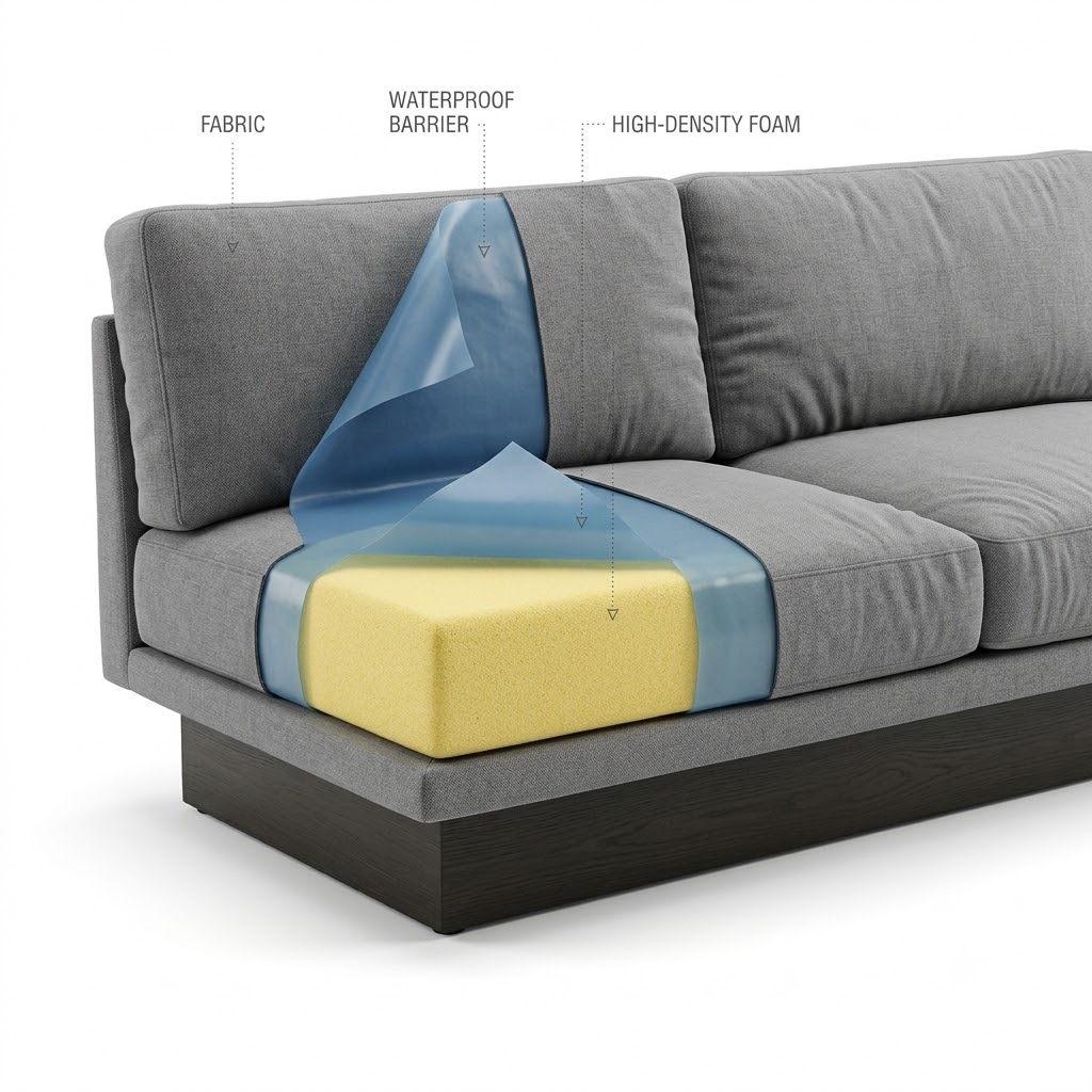 A technical cutaway view of a commercial sofa showing a moisture barrier interliner beneath the upholstery fabric and a solid wood plinth base.