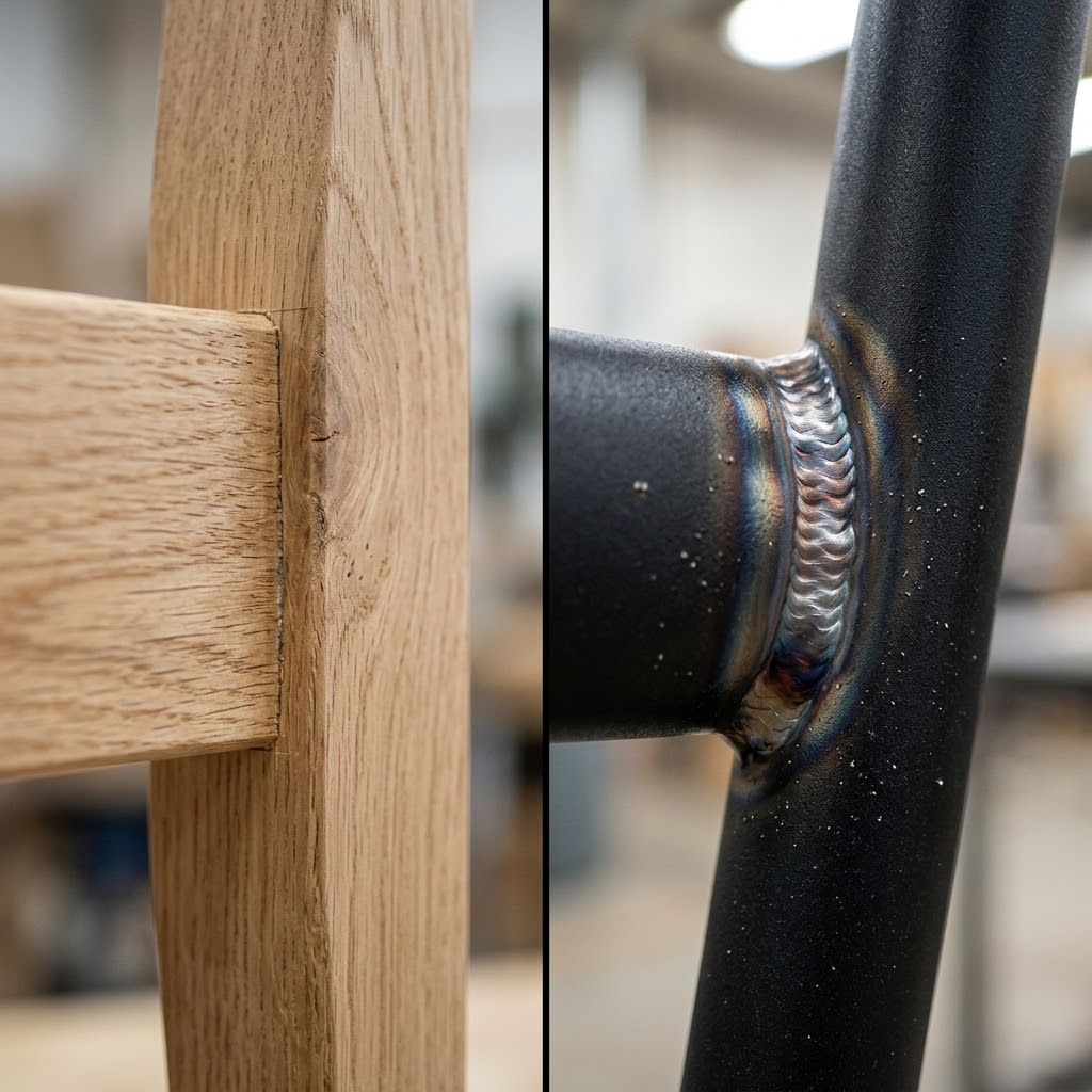 Close-up macro shot showing mortise-and-tenon joint on a solid wood chair next to a continuous robotic weld on a steel commercial dining chair.