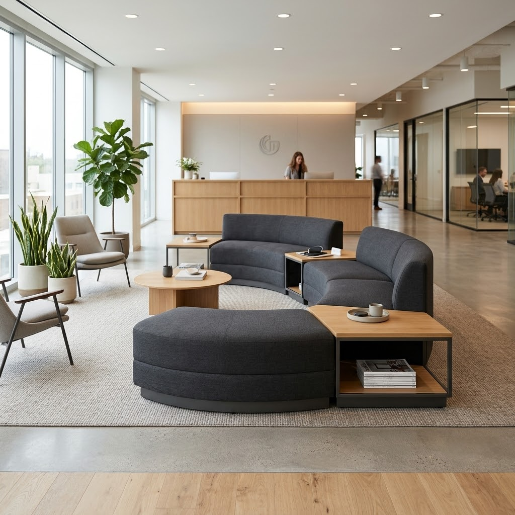 Modern reception waiting room couches upholstered in high-performance commercial vinyl in a bright corporate lobby.