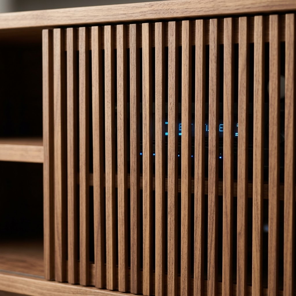Close up of a boardroom media console featuring slatted wood doors that allow infrared remote control signals to pass through to AV equipment.