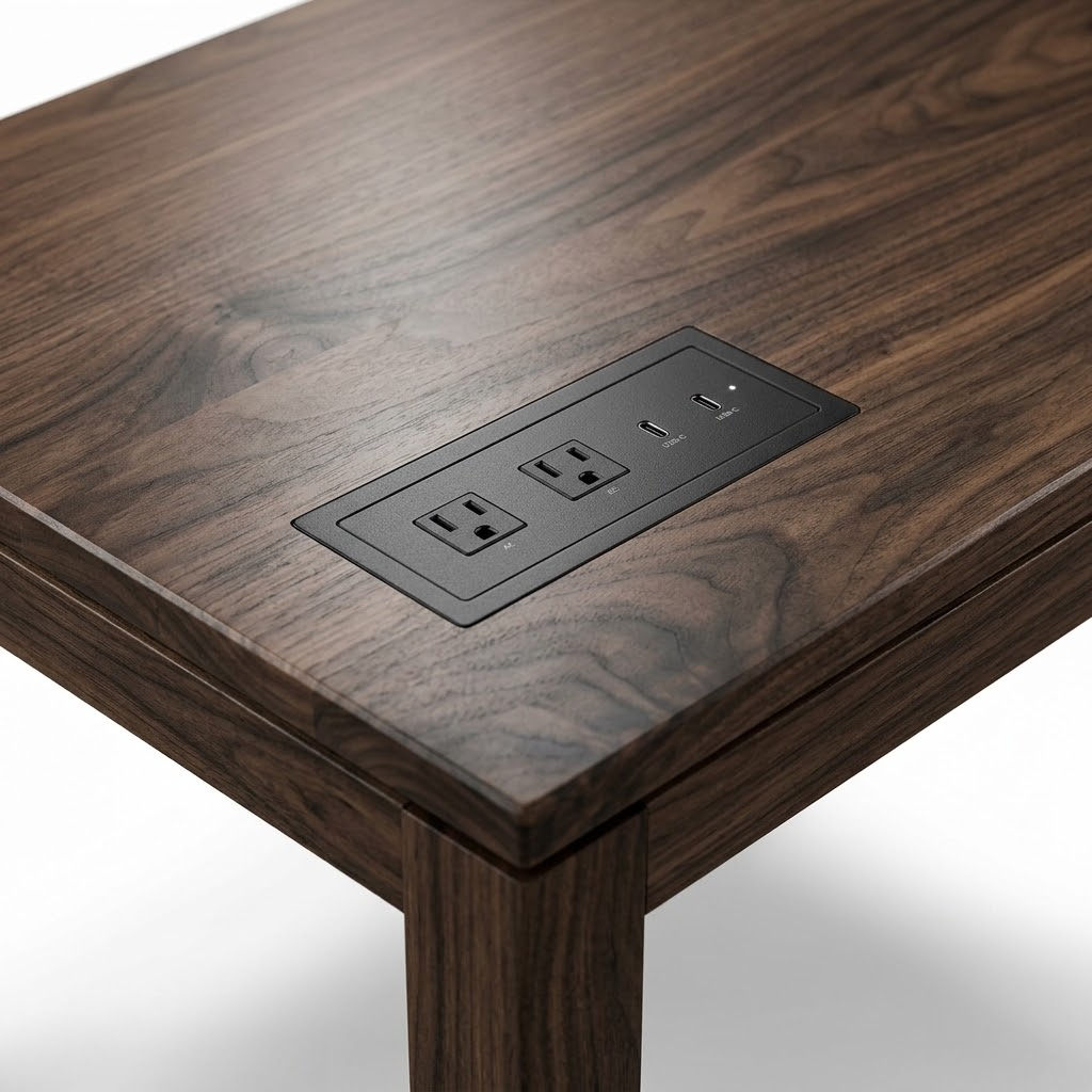 Close-up hero shot of a commercial side table tabletop with flush-mounted brass-trimmed USB-C ports, AC outlets, and a Qi wireless charging pad on a pure white background.
