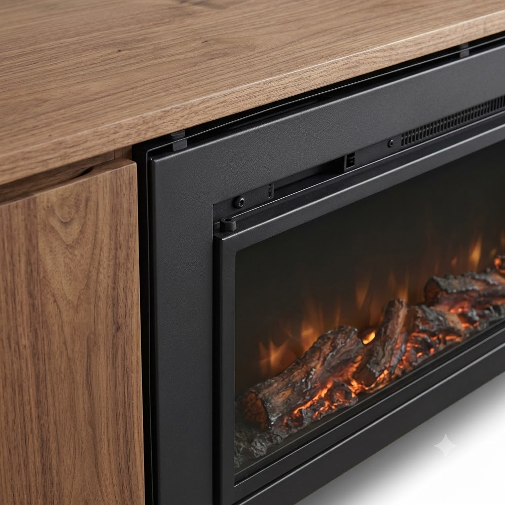 A close-up diagram or structural view showing the engineered ventilation gaps around an electric fireplace insert inside a wood TV stand.