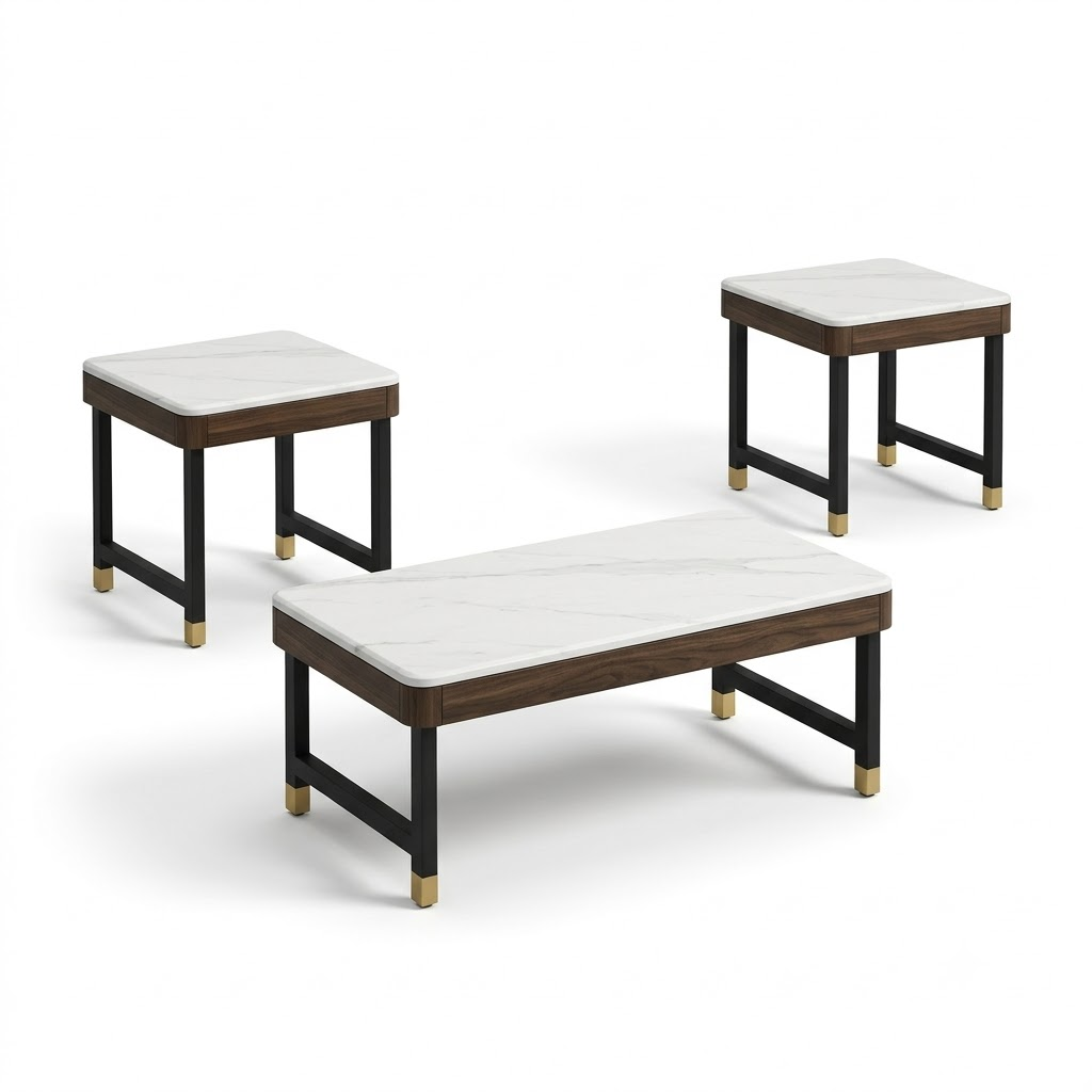 A coordinated 3-piece wholesale occasional table set featuring one 48-inch sintered stone and walnut coffee table and two matching 22-inch square end tables.