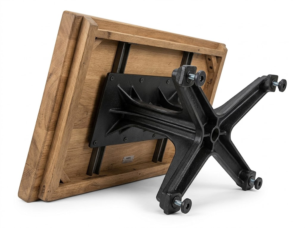 Product close-up of a commercial dining room table featuring a 2K polyurethane sealed wood top mounted to a heavy-duty black cast iron X-base with adjustable floor glides on a pure white background.