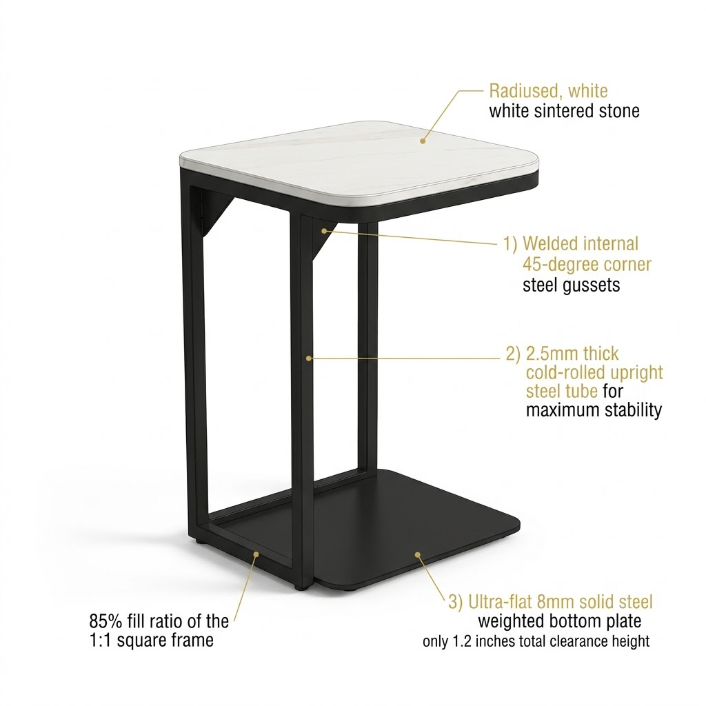 3D technical diagram of a commercial C-shaped laptop side table showing an 8mm low-clearance solid steel base plate, corner reinforcement gussets, and a 50-lb load rating.