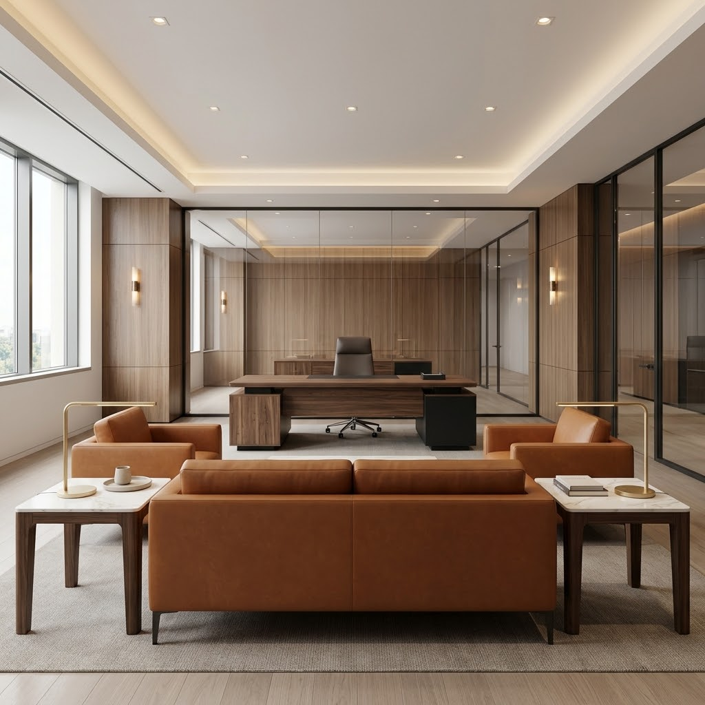 A luxury corporate executive office and reception lounge featuring a walnut executive desk paired with matching walnut and sintered stone side tables, desk lamps, and leather sofas.
