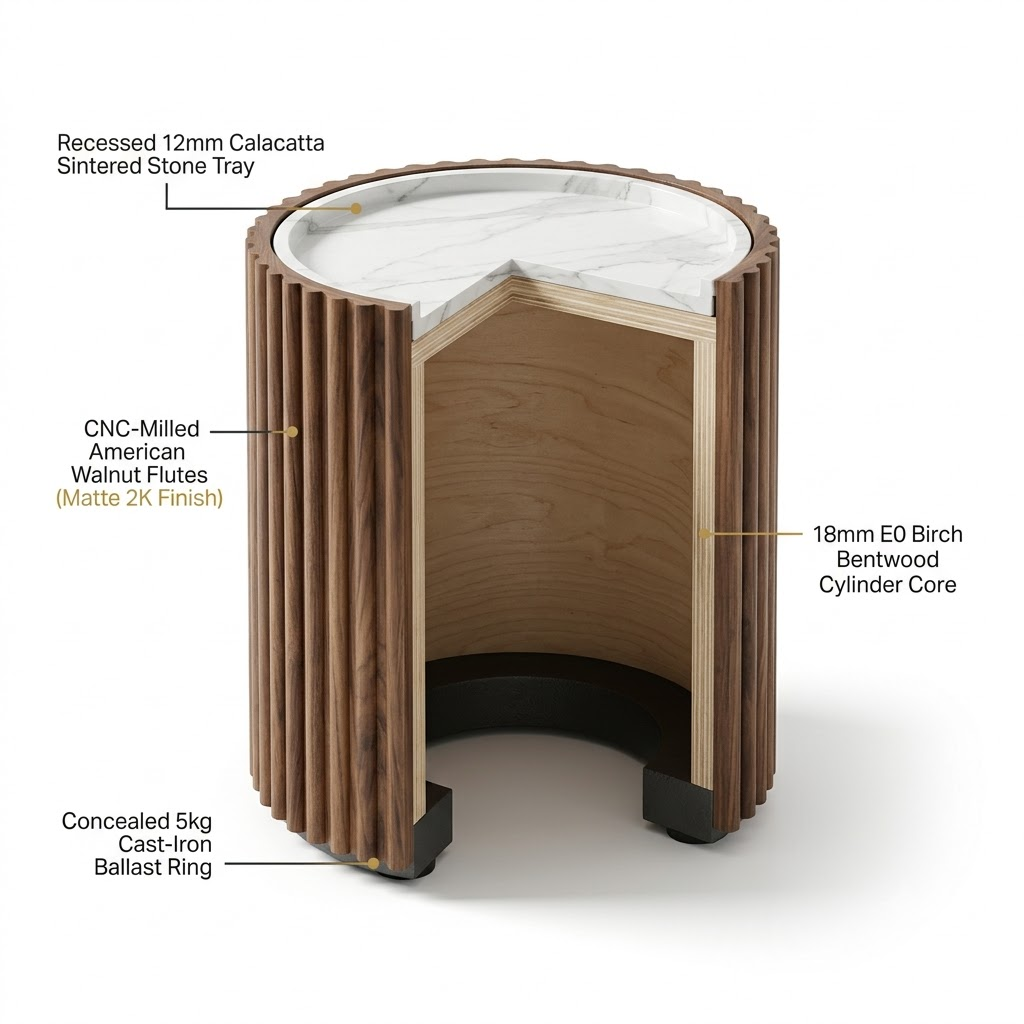 3D technical cutaway of a custom fluted walnut drum end table showing a cross-laminated E0 bentwood cylinder core, solid wood half-round reeds, and a recessed sintered stone top.