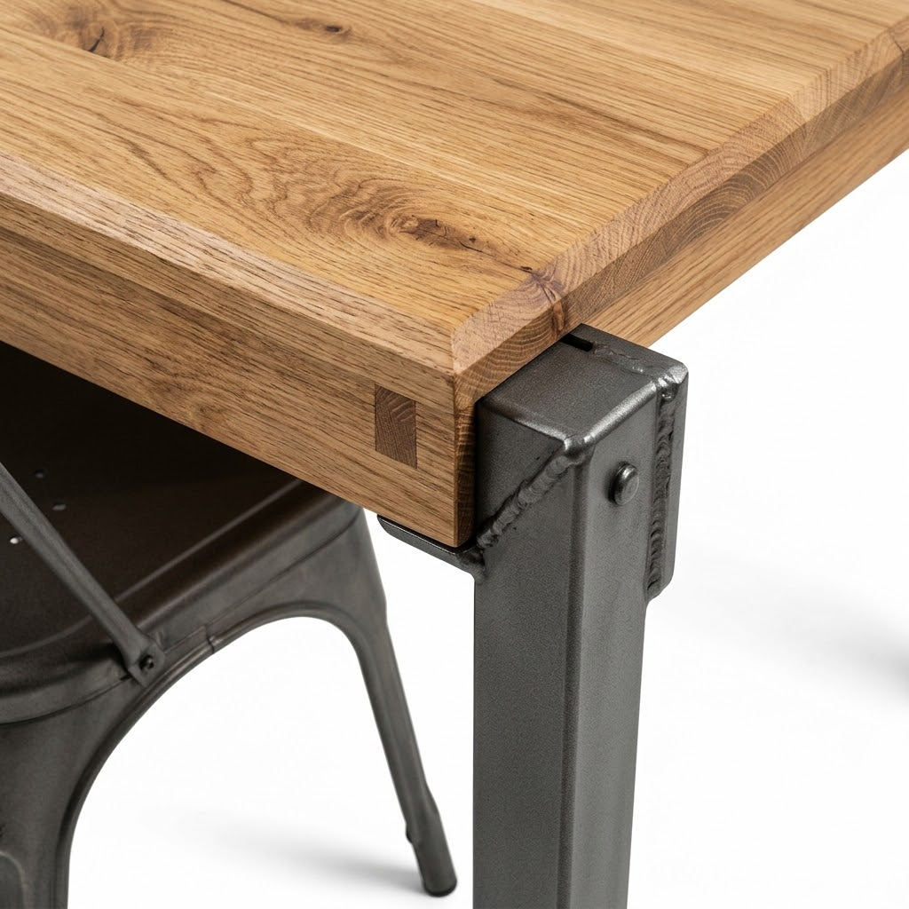 Close-up product shot of a commercial dining table mortise and tenon wood joint overlapping with a 16-gauge powder-coated steel chair leg on a pure white background.