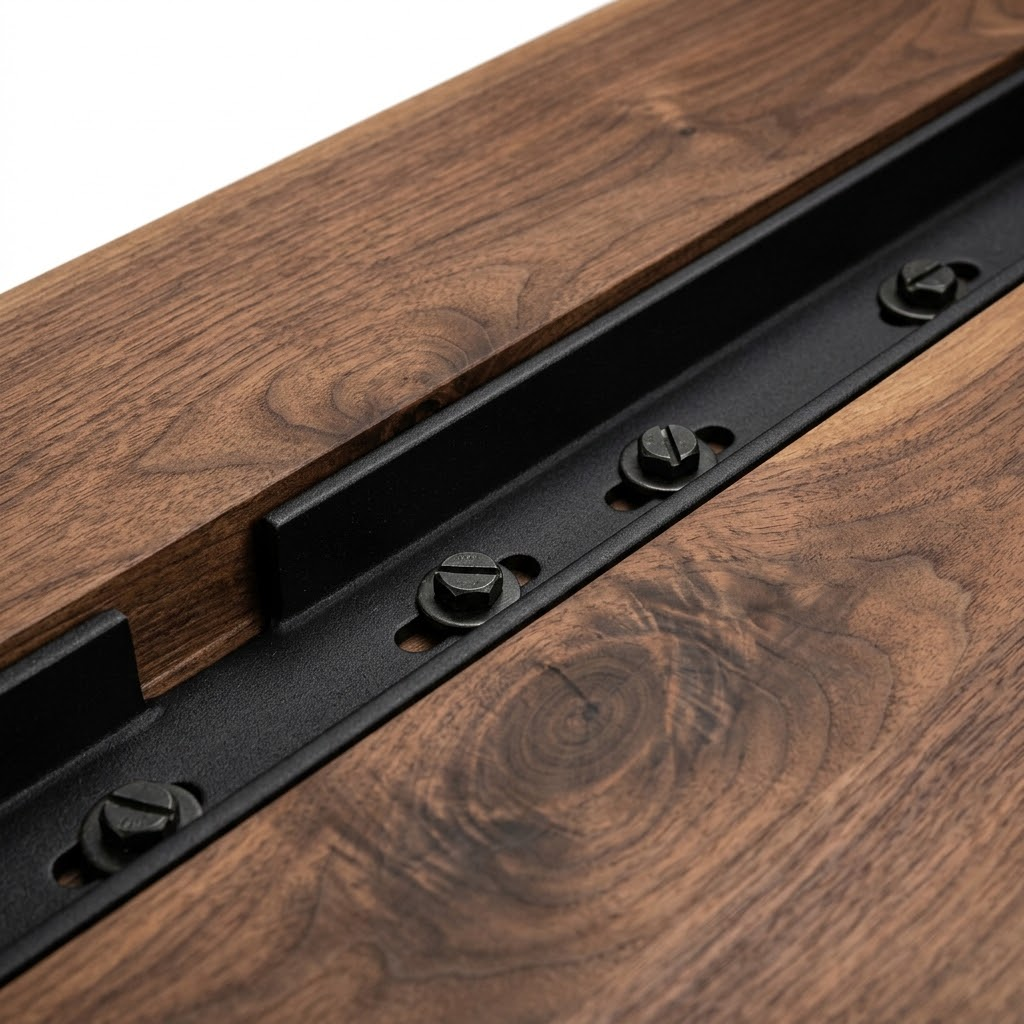 Close-up underneath a custom solid wood dining table showing a heavy-gauge black steel C-channel routed into the wood to prevent warping.