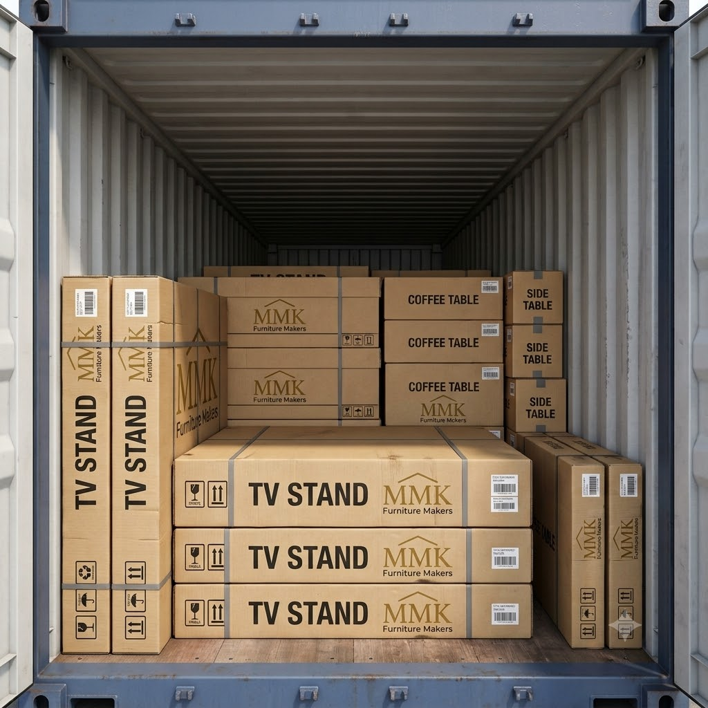 A 3D render showing small side table and coffee table boxes filling the empty gaps between larger TV stand boxes inside a shipping container.