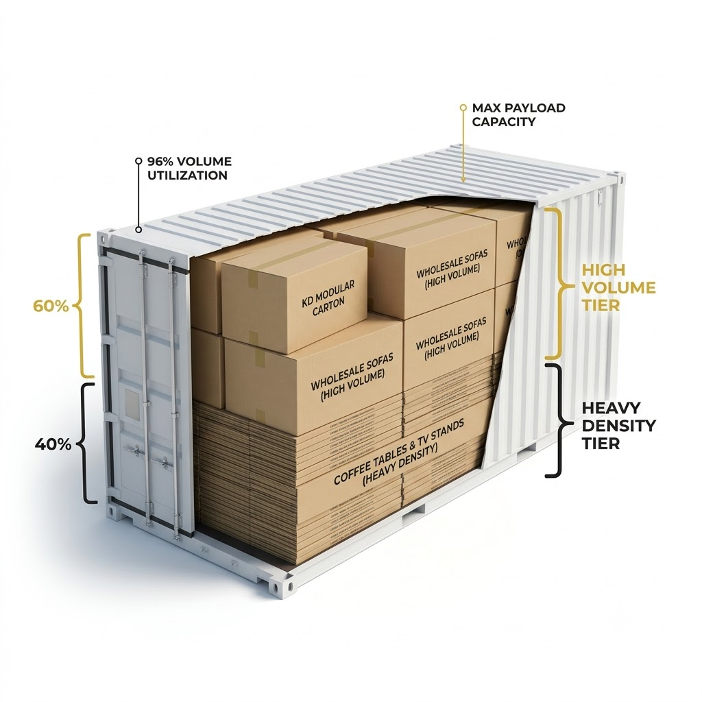 3D cutaway of a 40HQ shipping container showing a 40% floor ballast layer of flat-pack coffee tables and TV stands topped by a 60% layer of KD sofa cartons.