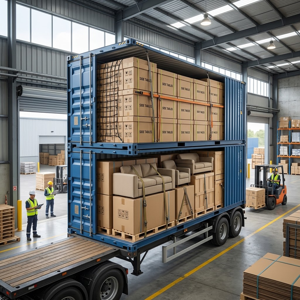 Modern factory logistics warehouse showing flat-pack wholesale side tables in ISTA 3A cartons being nested and loaded as void fillers around large sofas and dining tables inside an ocean shipping container.