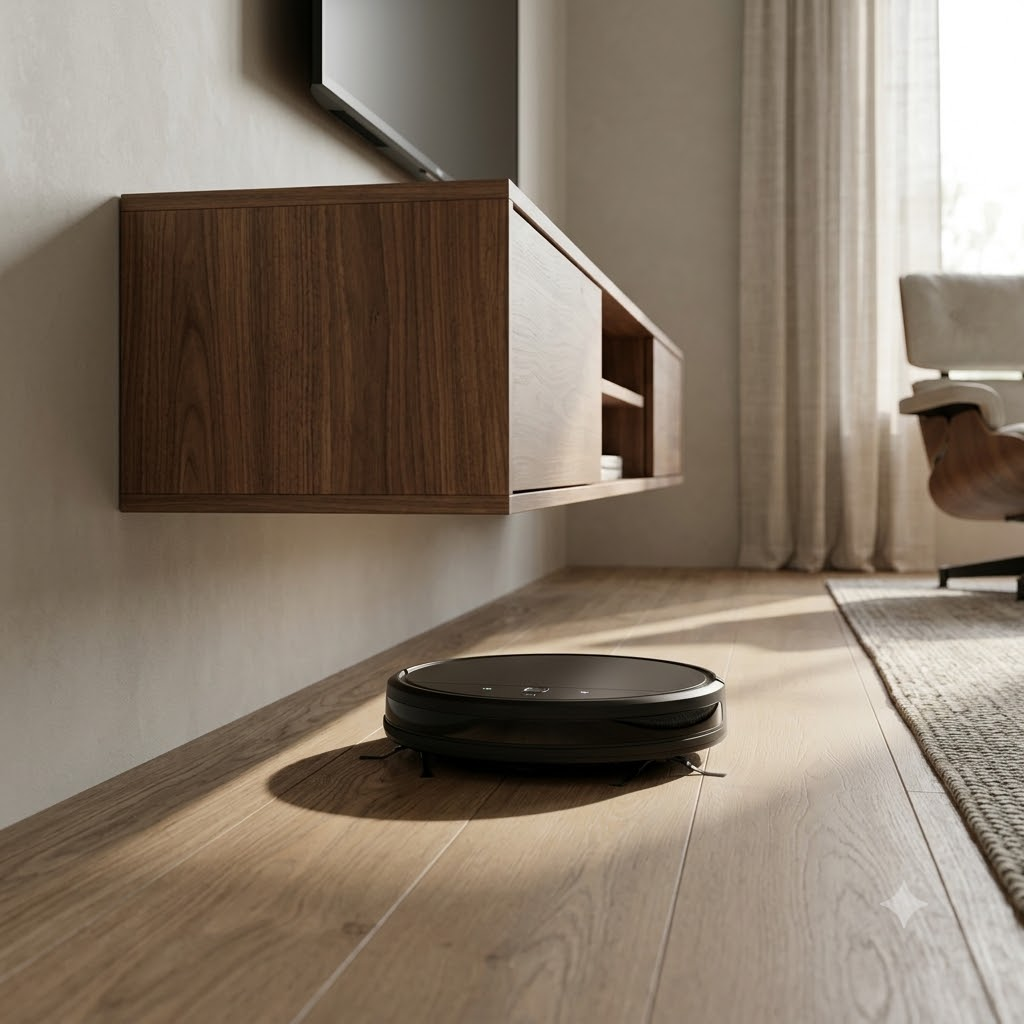 An architectural diagram overlaid on a hotel TV stand showing the 27-inch ADA knee clearance and the required height for a robotic vacuum cleaner underneath.