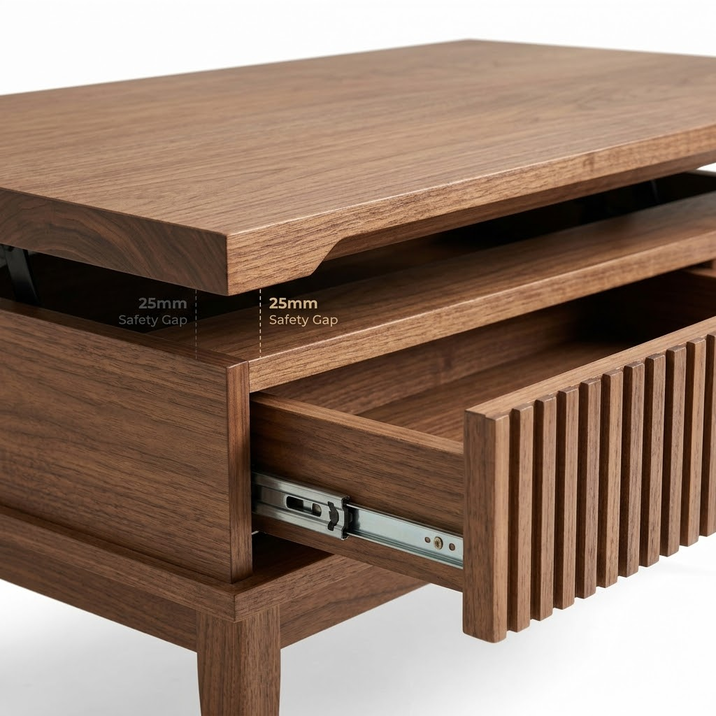 Close-up detail of a commercial storage coffee table showing a 45-degree recessed anti-pinch finger clearance gap and soft-close under-mount storage drawers.