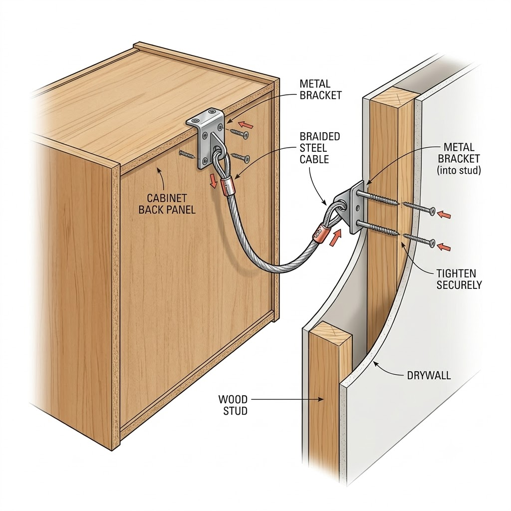An installation diagram showing a heavy-duty steel cable anti-tip wall restraint kit securing a storage cabinet to a drywall stud.