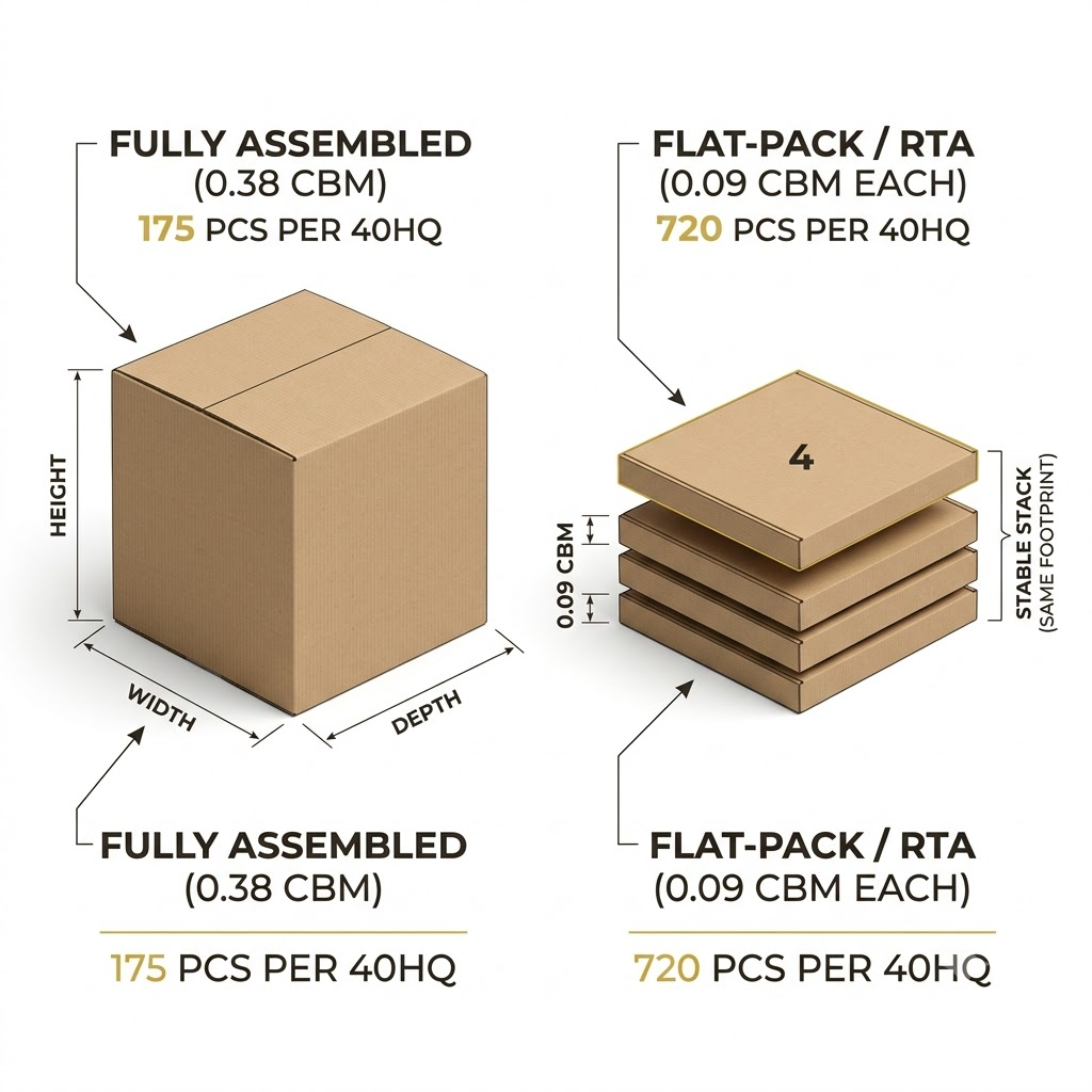 Side-by-side logistics comparison showing 175 assembled coffee tables versus 720 flat-pack RTA coffee tables loaded inside a 40HQ shipping container.