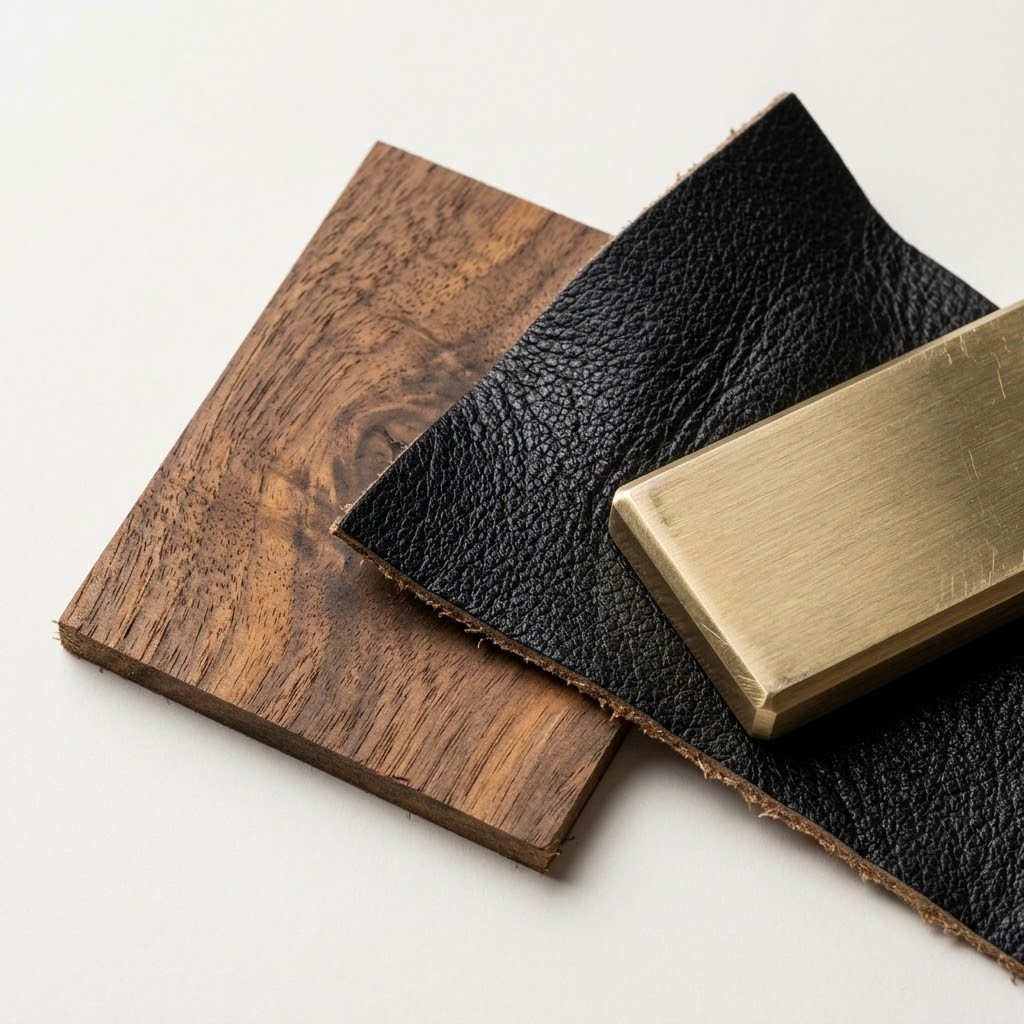 A close-up showing a walnut wood sample, a leather swatch, and a metal finish sample perfectly synchronized for a corporate furniture order.