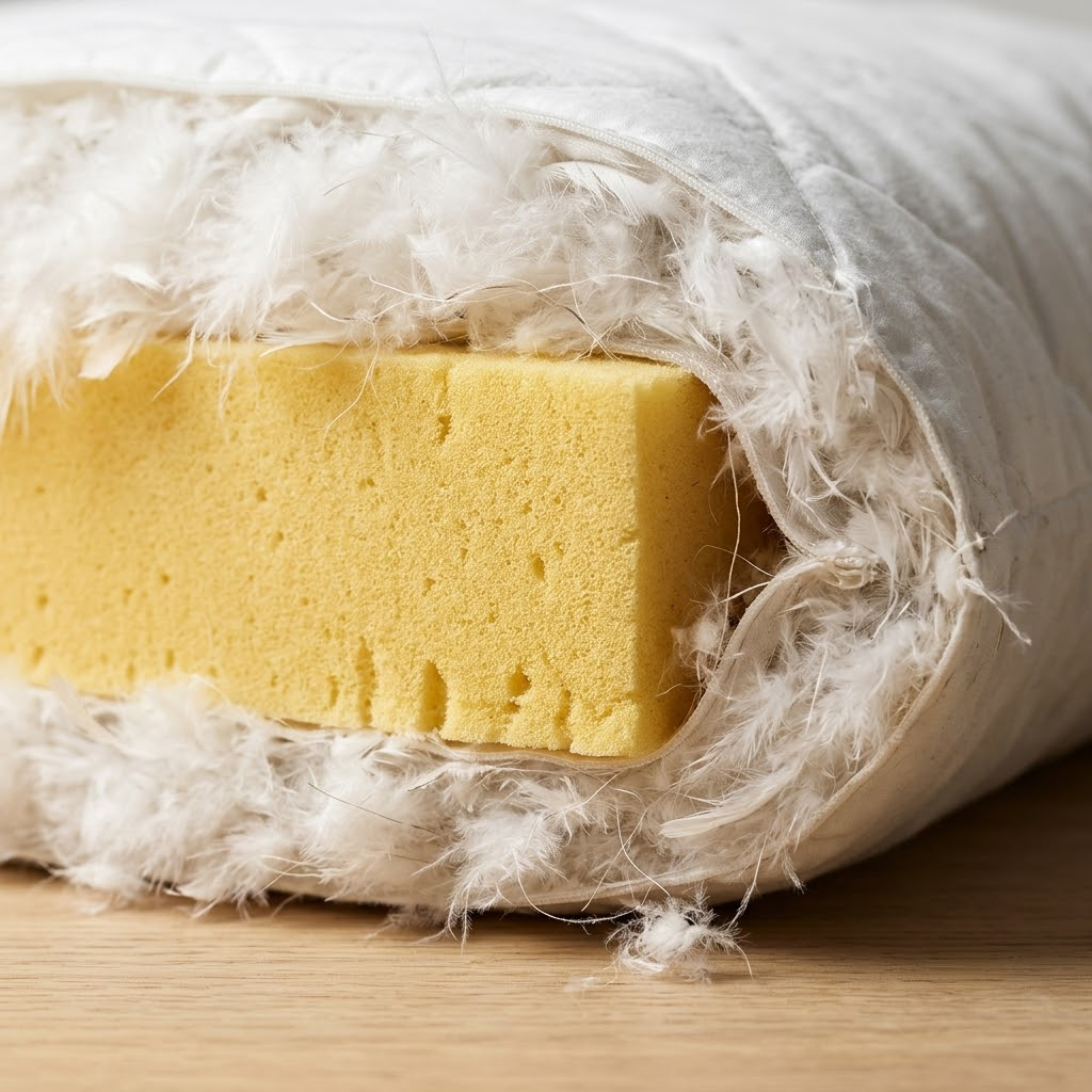 A cross-section of a sofa cushion showing a dense yellow HR foam core surrounded by a soft, white down-feather and polyfill envelope.