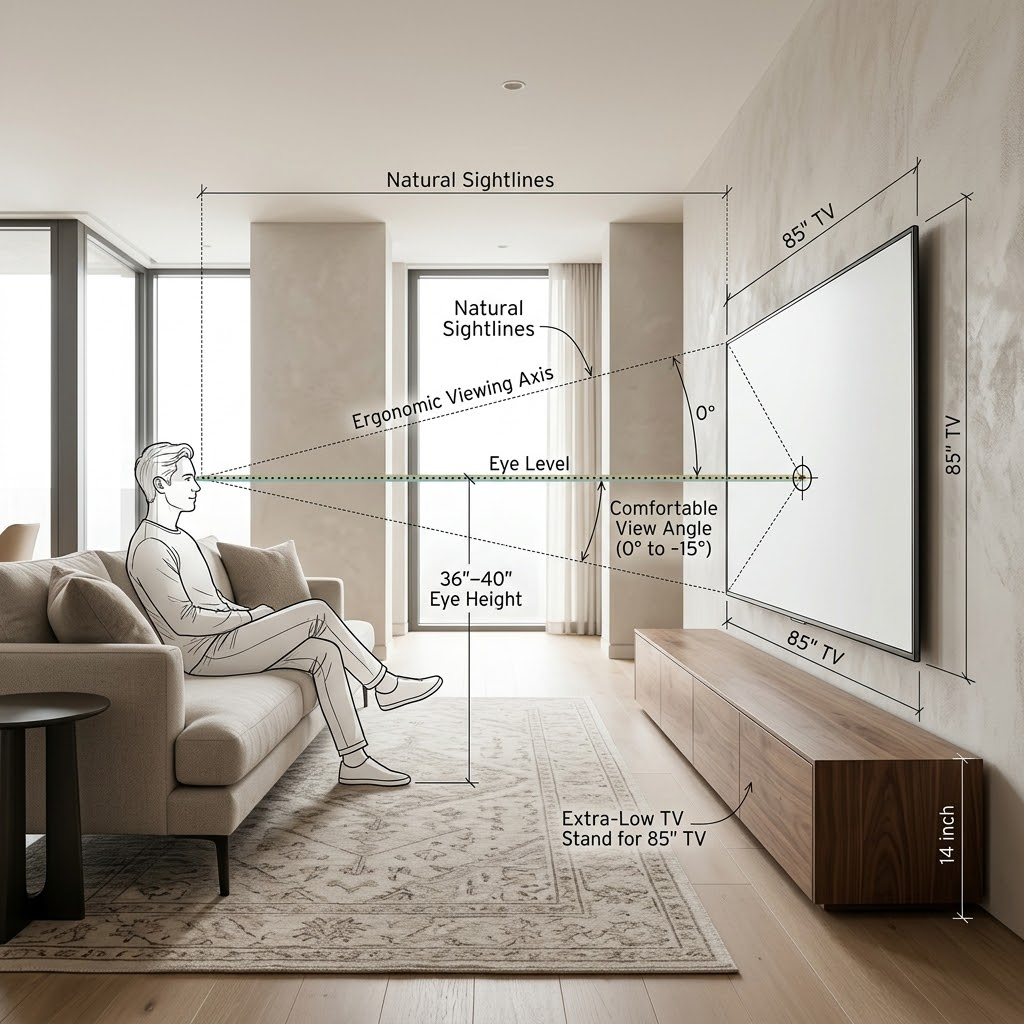 An architectural diagram showing the optimal eye-level viewing height for a viewer sitting on a sofa looking at an 85-inch TV placed above a low-profile media console.