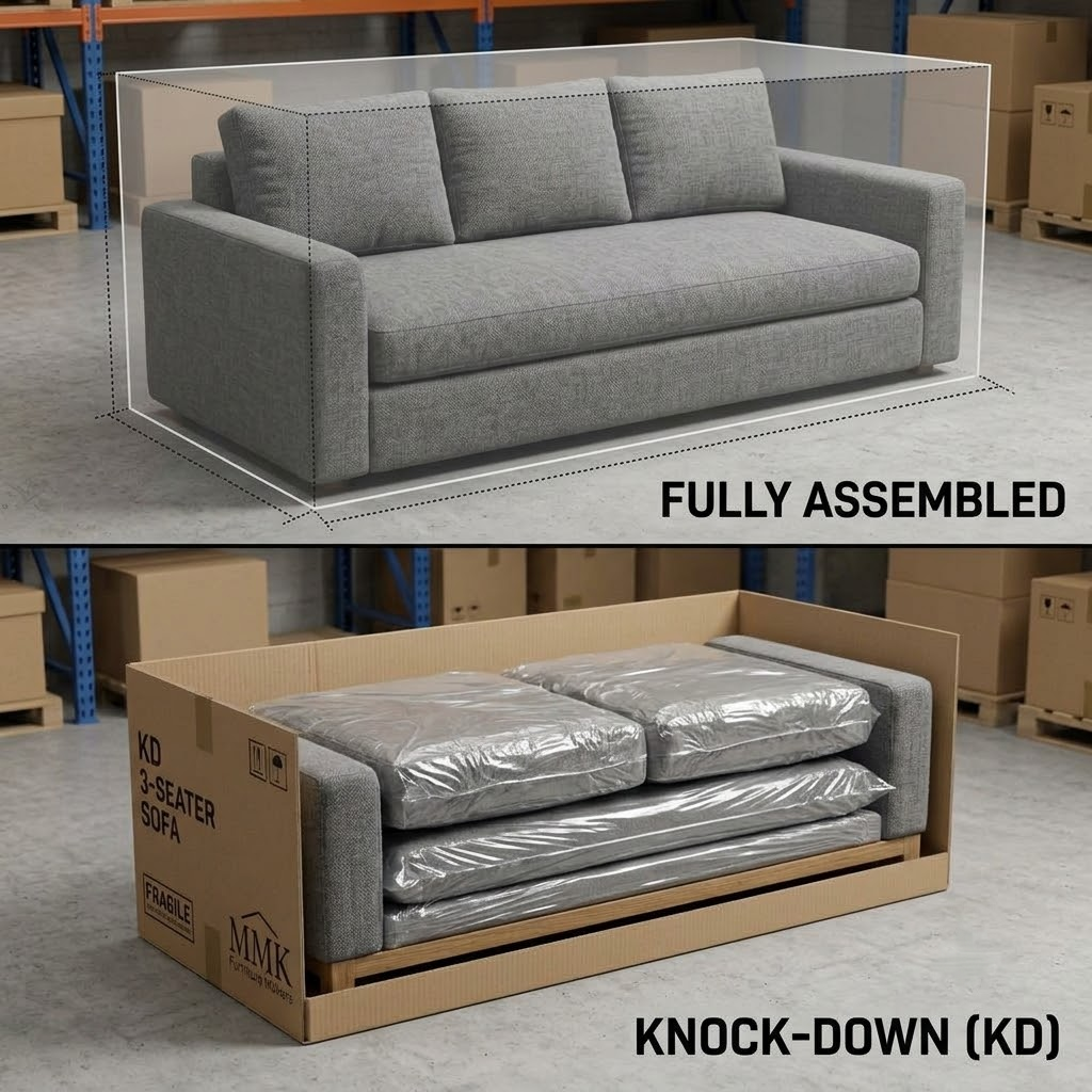 A logistics diagram showing vacuum-compressed sofa cushions and knock-down sofa frames packed densely into a 40HQ shipping container.