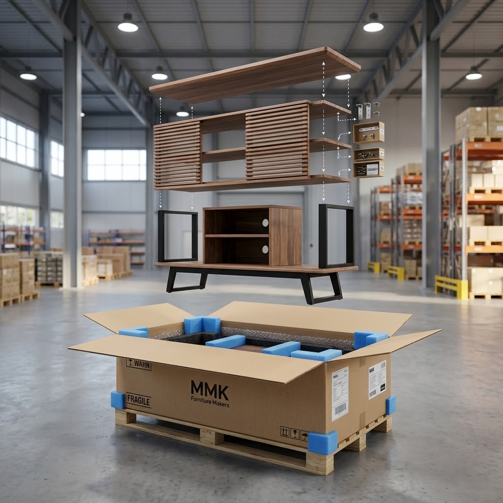 A breakdown visual showing a wholesale TV stand packed perfectly flat inside an ISTA 3A corrugated carton with high-density foam.