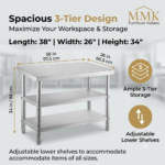 Heavy-Duty 3-Tier Commercial Stainless Steel Prep Table with Double Undershelves - Image 3