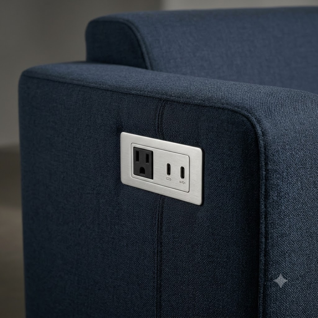Close up of a sleek brushed metal power outlet and USB-C charging port integrated seamlessly into the armrest of a commercial lounge sofa.