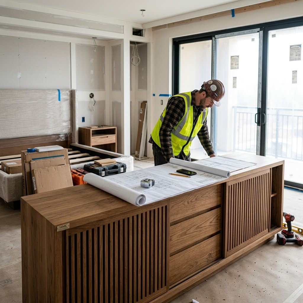Furniture installers setting up a prototype contract-grade media unit in a hotel mock-up room to verify dimensions and AV clearances.