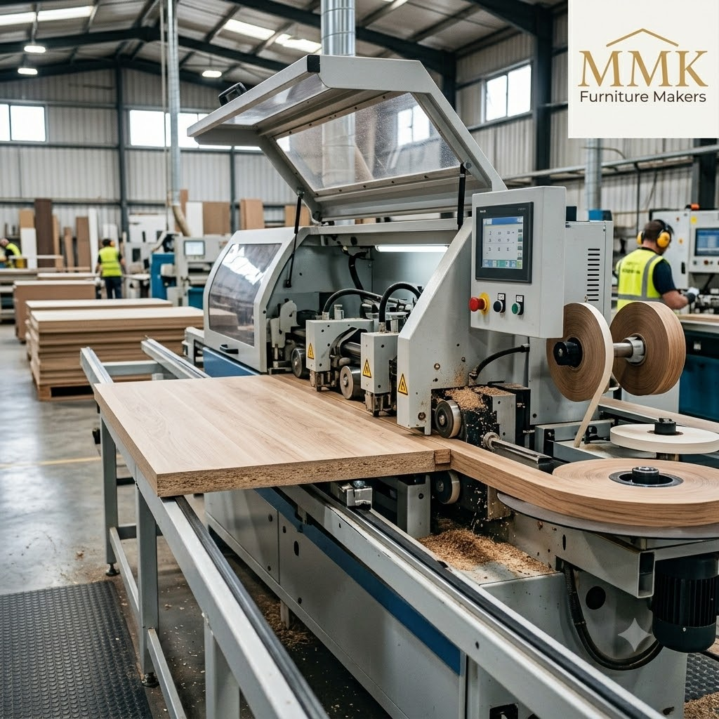 Automated edge banding machine applying 2mm ABS edge tape to a commercial media console panel in a furniture factory.